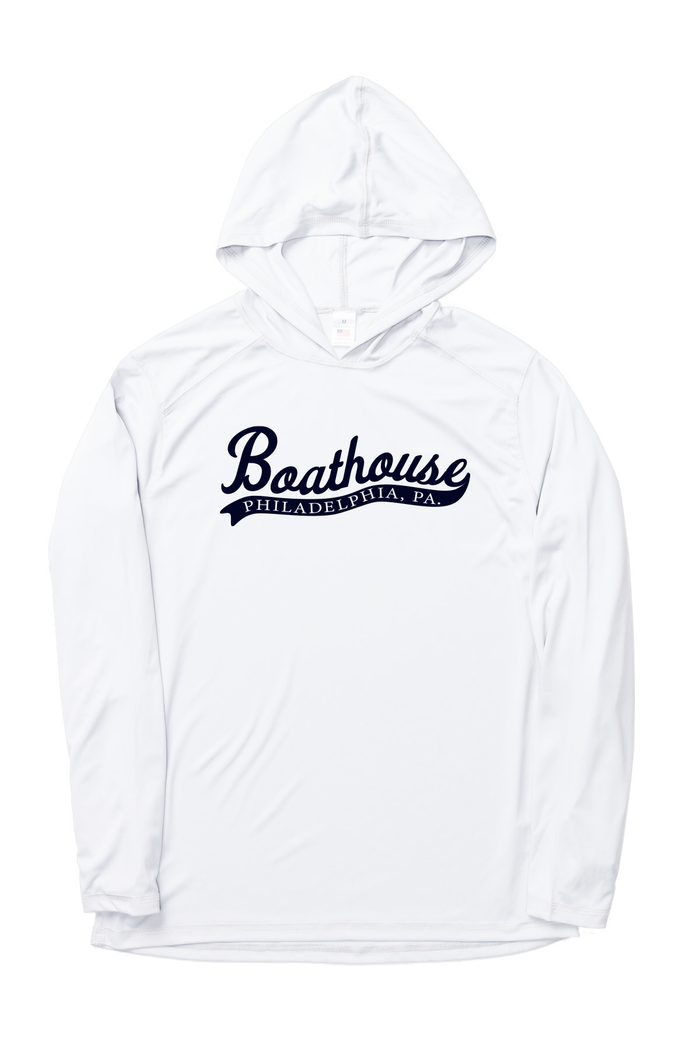 Boathouse Logo UPF 50+ Sun Hoodie: white logo sun hoodie, front view.