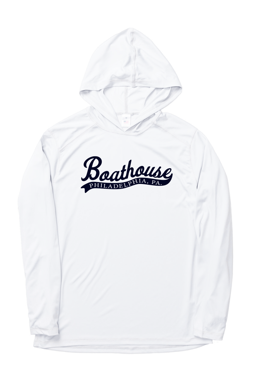 Boathouse Logo UPF 50+ Sun Hoodie: white logo sun hoodie, front view.