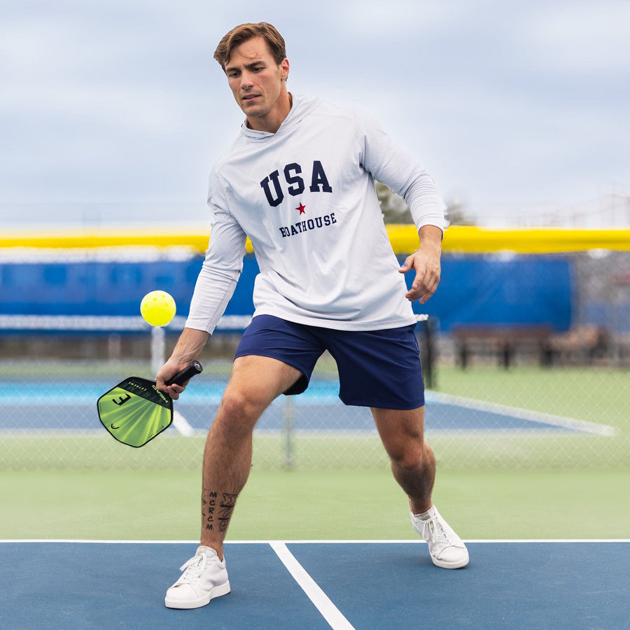 USA UPF 50+ Sun Hoodie: runner wearing grey USA hoodie.
