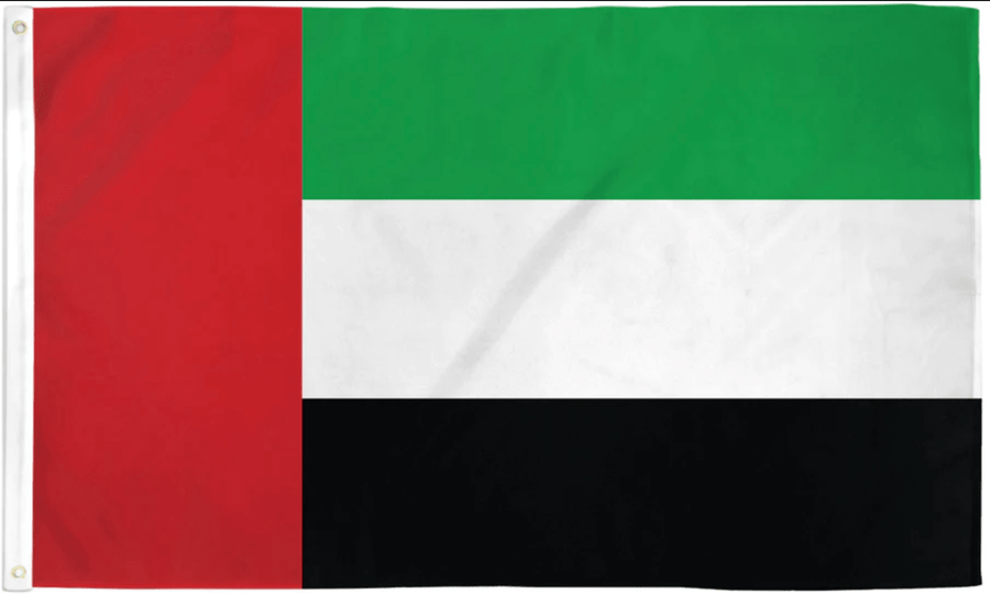 United Arab Emirates UAE flag made in USA with red hoist band and green white black stripes