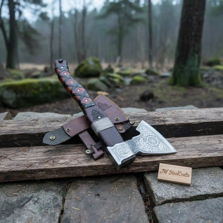Viking Bearded Axe with Norse Engraved Blade and Leather Sheath