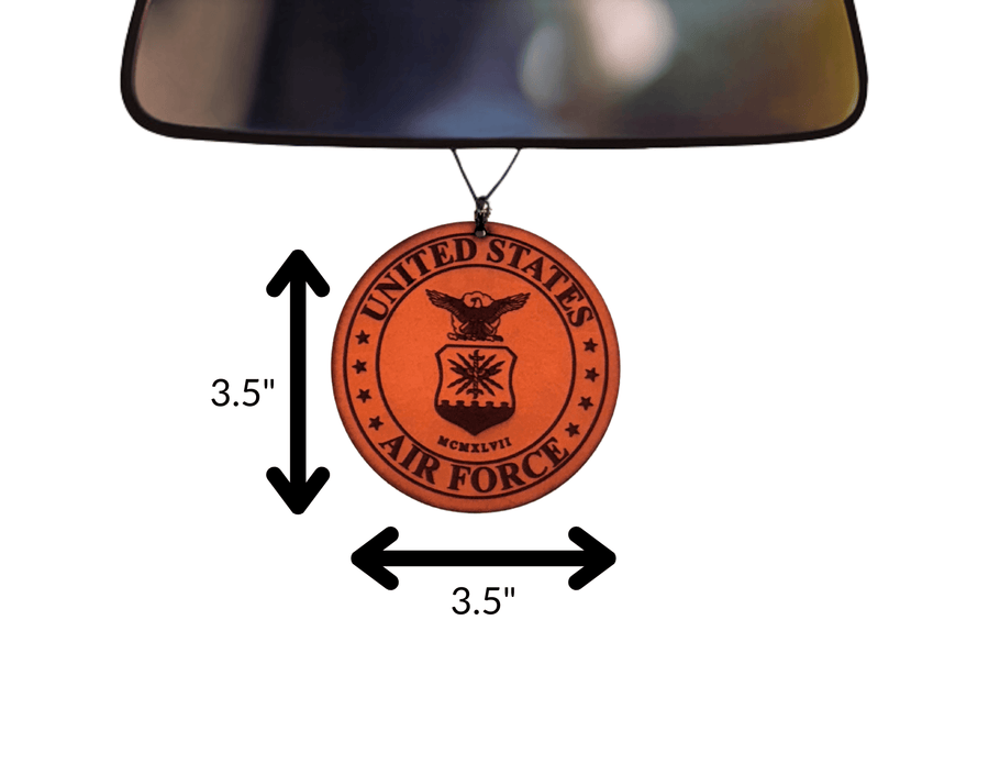 Air Force leather car air freshener size graphic showing 3.5 by 3.5 inches