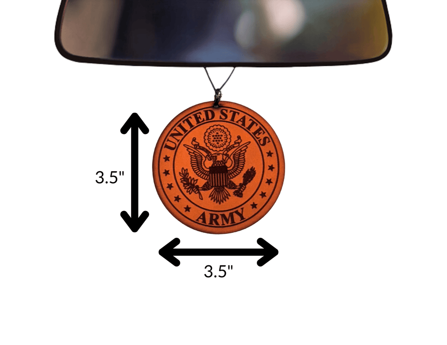 Army leather car air freshener size graphic showing 3.5 by 3.5 inches