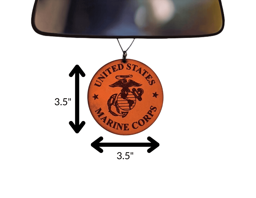 Marine Corps leather car air freshener size graphic showing 3.5 by 3.5 inches