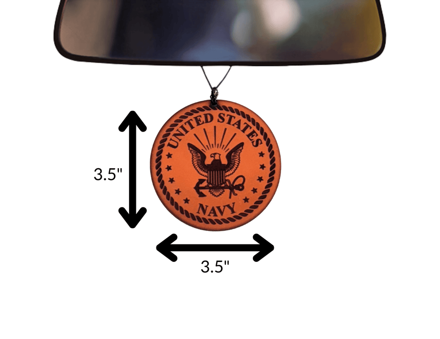 Navy leather car air freshener size graphic showing 3.5 by 3.5 inches