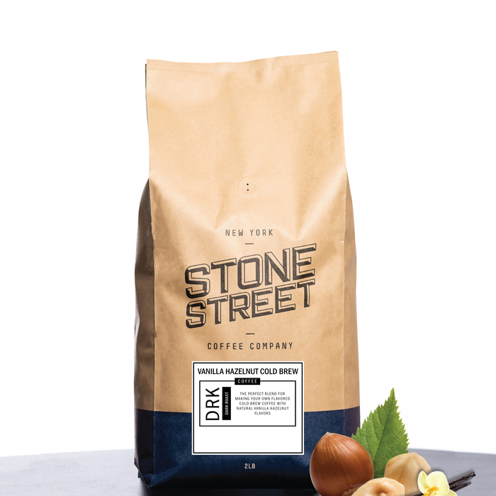 Front of the Stone Street Vanilla Hazelnut Cold Brew coffee bag with its product label visible