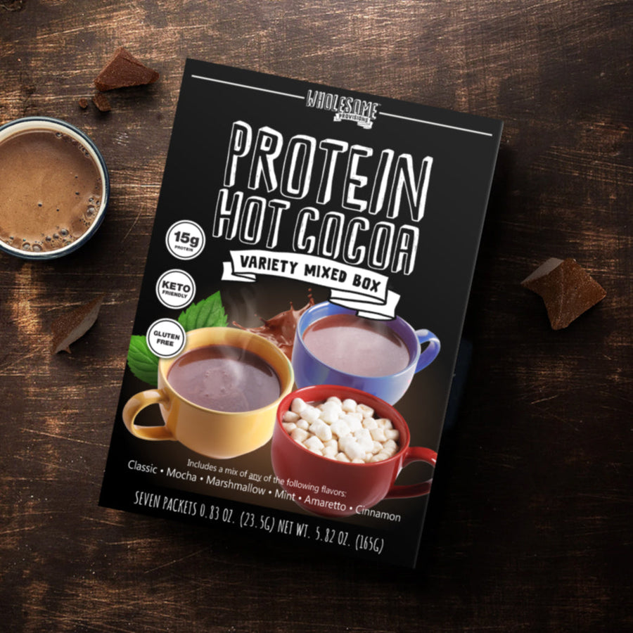 Protein Hot Chocolate Variety Box: box with mug of cocoa.