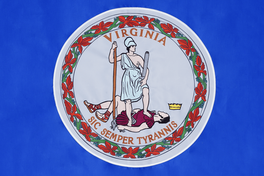 Virginia state flag close-up with Virtus and Sic Semper Tyrannis motto