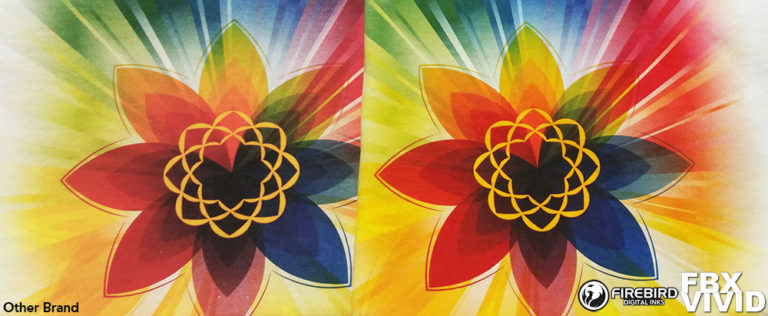 Side-by-side colorful flower print comparison for FBX-VIVID pretreatment