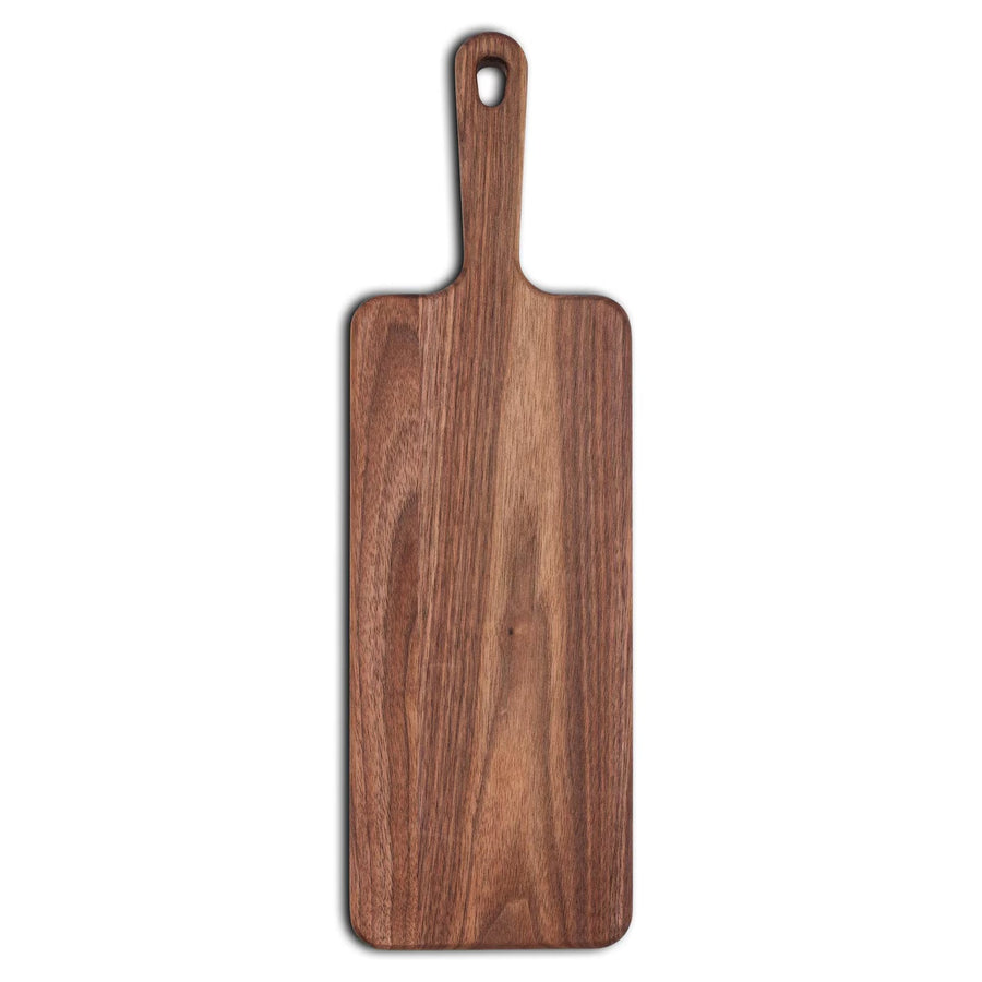 Narrow walnut paddle board shown upright on a white background