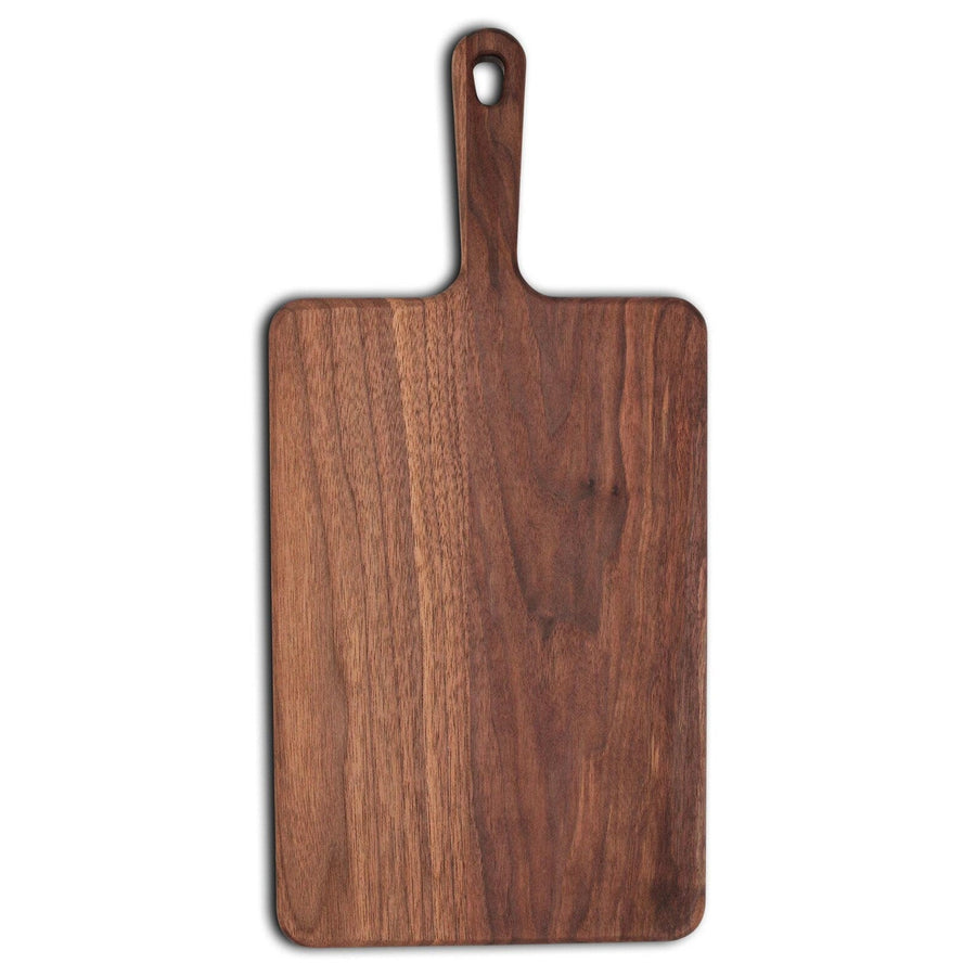 Wide walnut paddle board shown upright on a white background