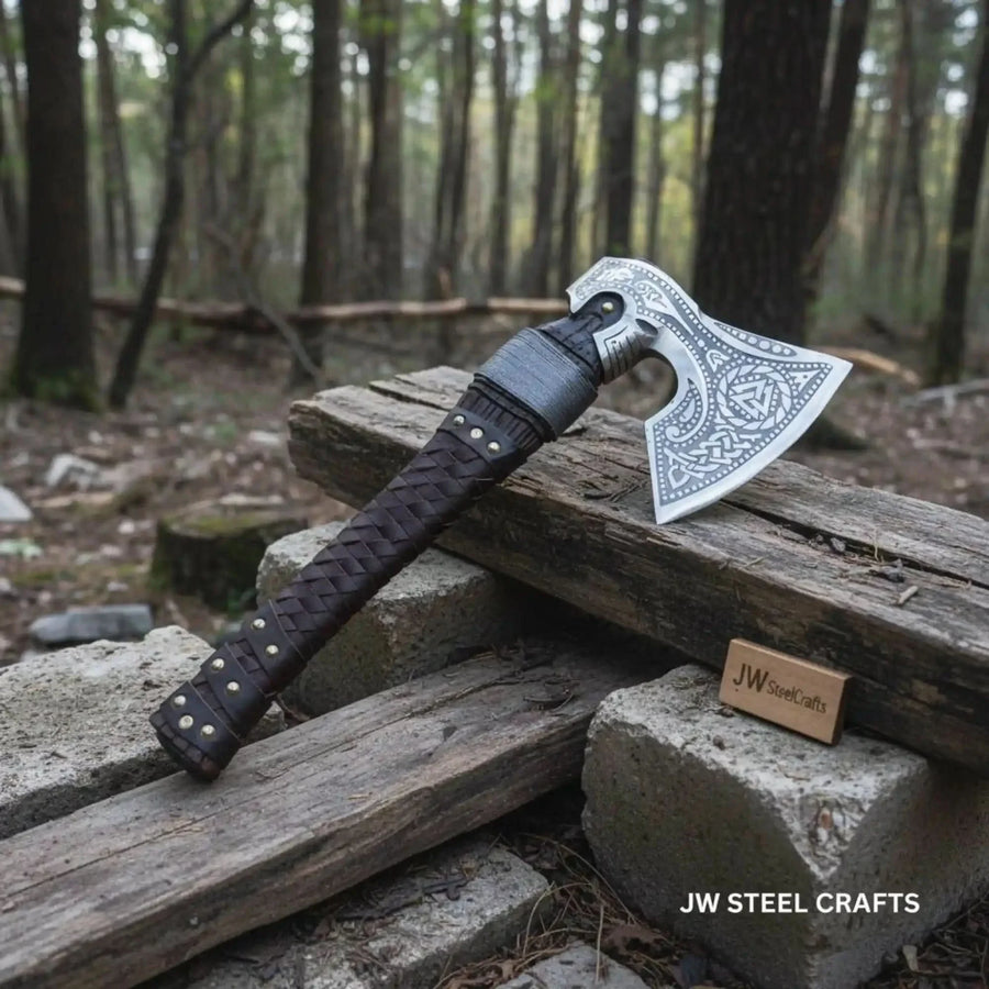 Viking Style Engraved Axe | Handcrafted Leather Wrapped Handle