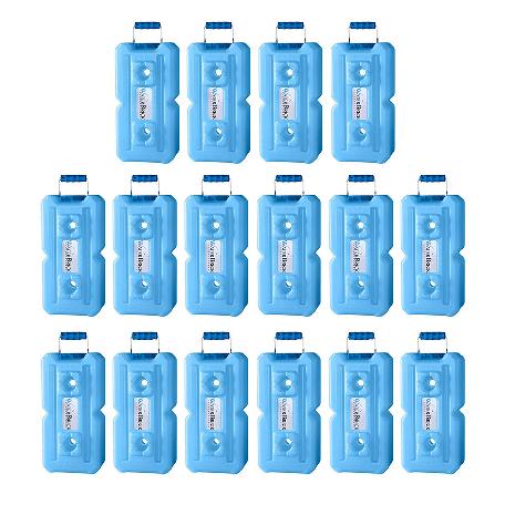 Sixteen blue WaterBrick 3.5-gallon water containers
