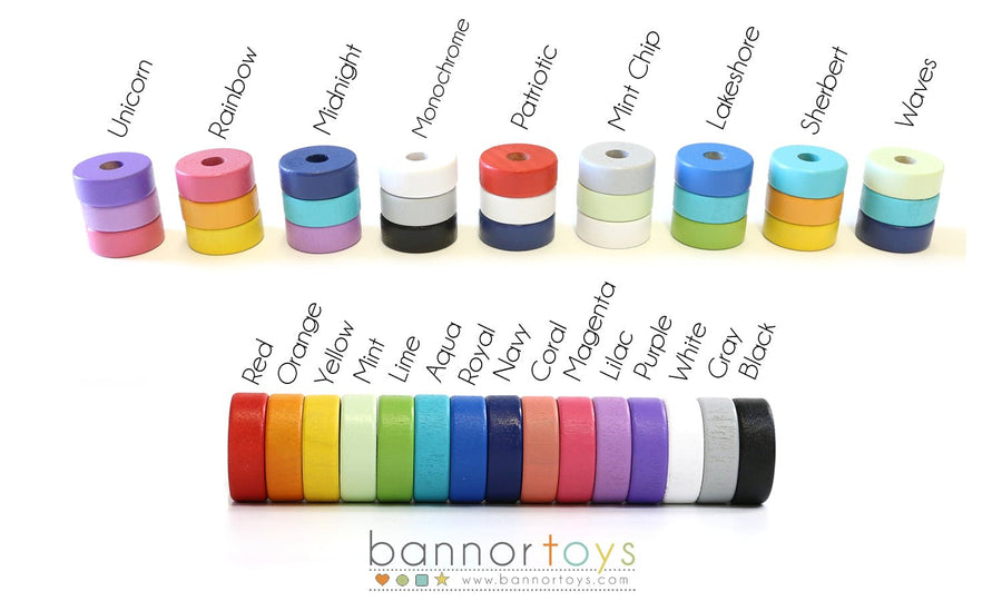 Rattle disk color reference chart showing named three-color combinations