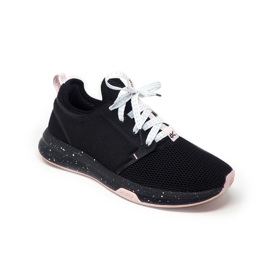 White reflective shoelaces laced into a black running shoe