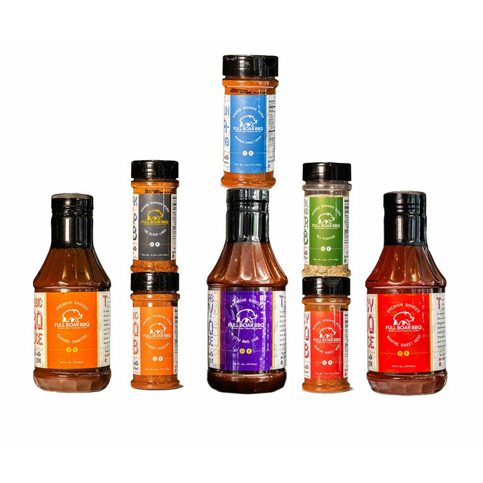 Eight-bottle BBQ set with five seasoning rubs and three barbecue sauces on a white background.