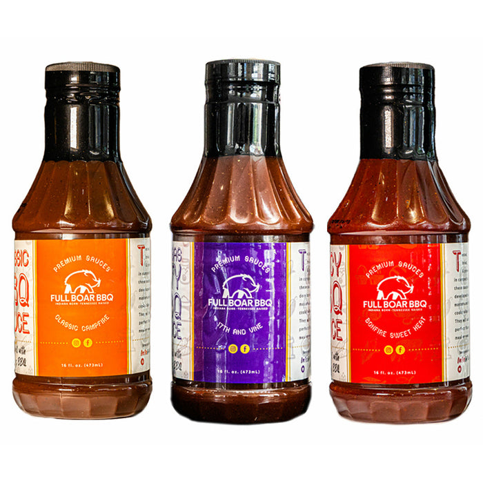 Three BBQ sauce bottles: Classic Campfire, 17th & Vine and Bonfire Sweet Heat.