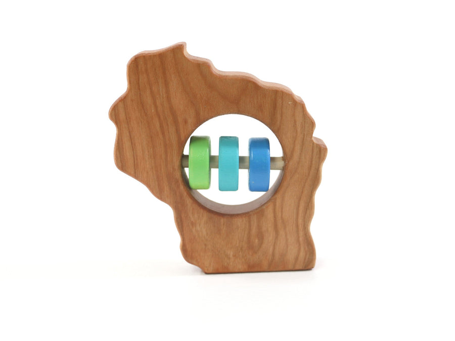 Wisconsin state-shaped cherry wood baby rattle with colored center disks