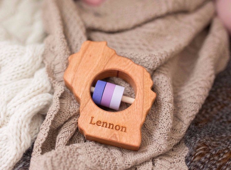 Wisconsin cherry wood rattle in a lifestyle setting