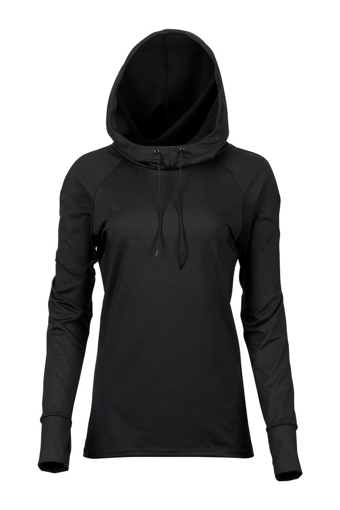 Women’s 215 Hooded Compression Top: black hooded compression top, front view.