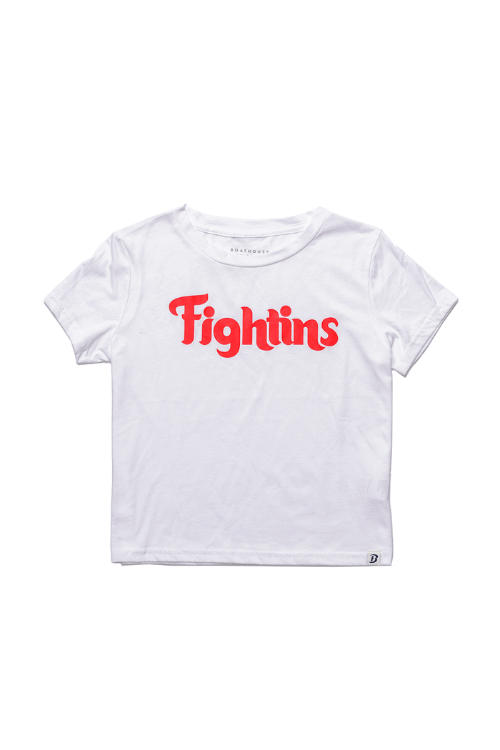 Women’s Fightins Cropped Cotton T-Shirt: white cropped T-shirt with red Fightins graphic.