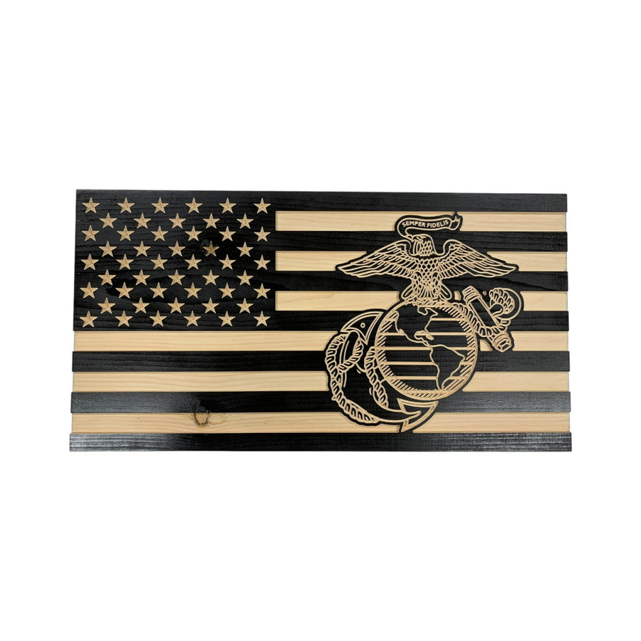 American-made wooden Marine Corps flag with custom engraving