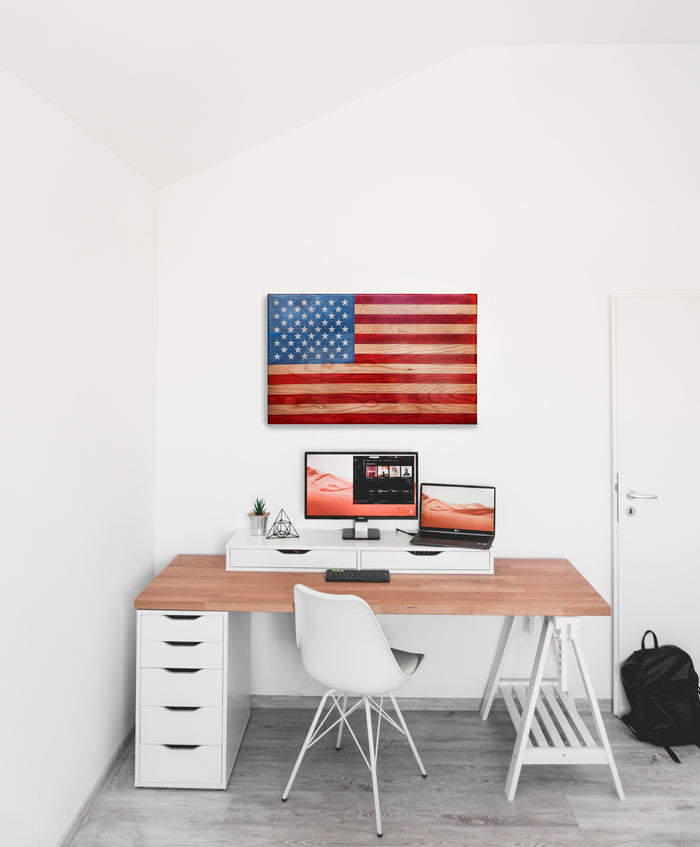 Veteran-made wooden American flag wall art handcrafted from solid cherry hardwood in the USA