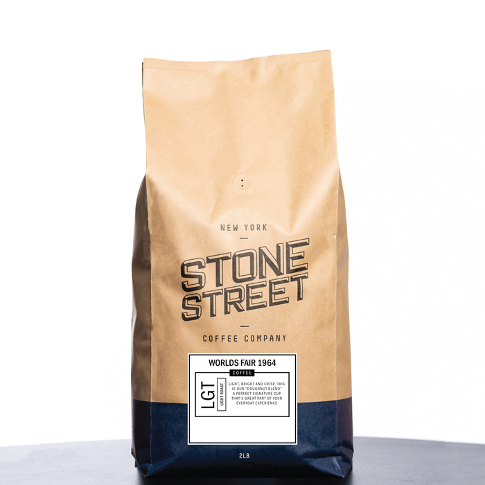 Front of the Stone Street Worlds Fair 1964 coffee bag with its product label visible