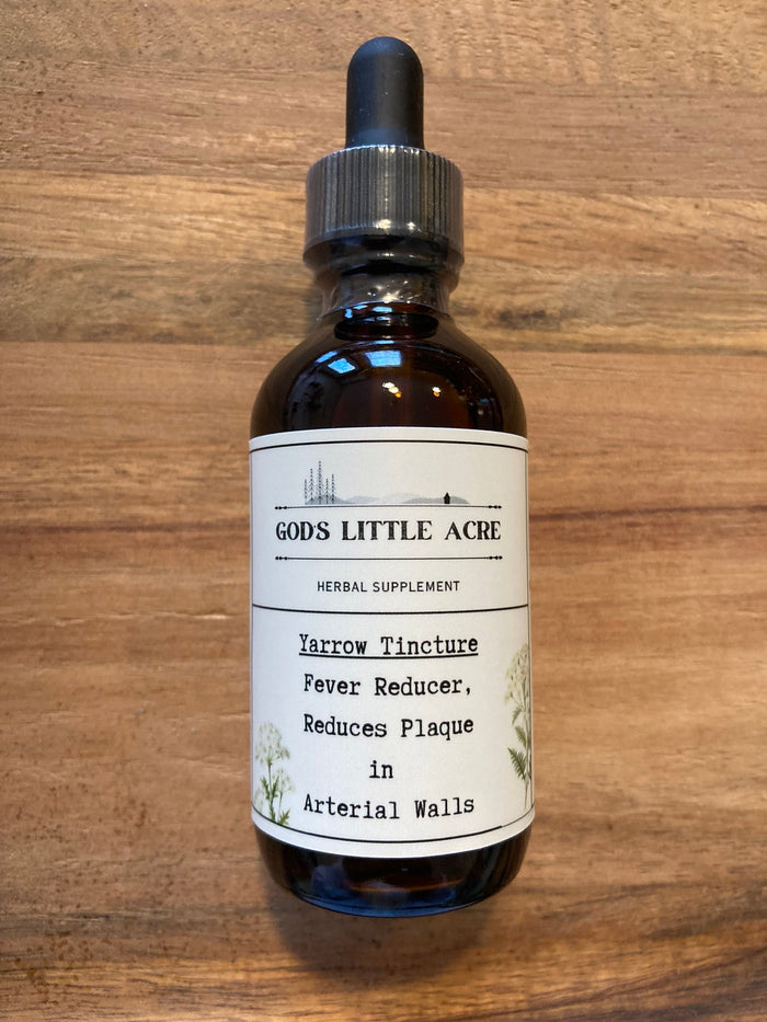 Yarrow Tincture in its amber glass bottle with dropper with supplier branding