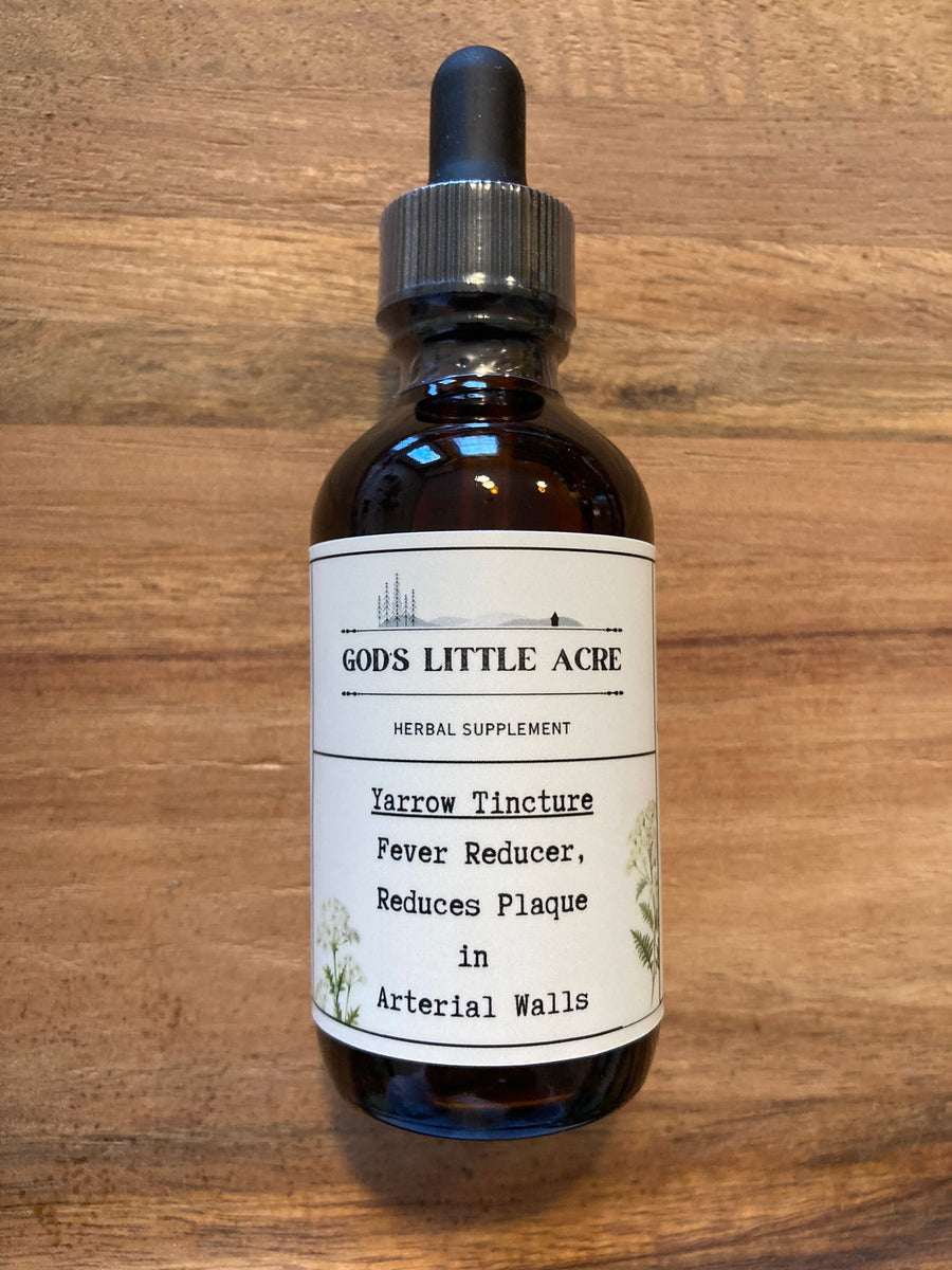 Yarrow Tincture in its amber glass bottle with dropper with supplier branding