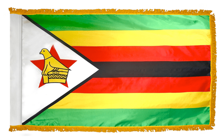 Zimbabwe nylon flag product image with red star and golden Zimbabwe Bird in white hoist triangle