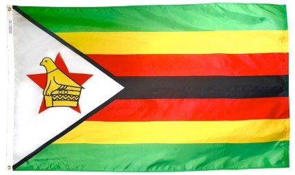 Zimbabwe flag made in USA with seven green yellow red black stripes white triangle red star and Zimbabwe Bird